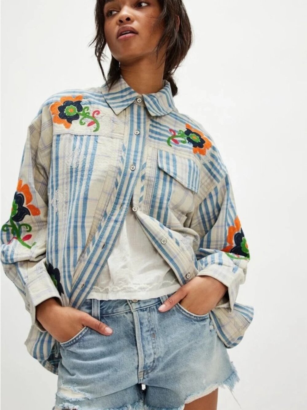 We The Free Embroidered Sashiko Shirt - M